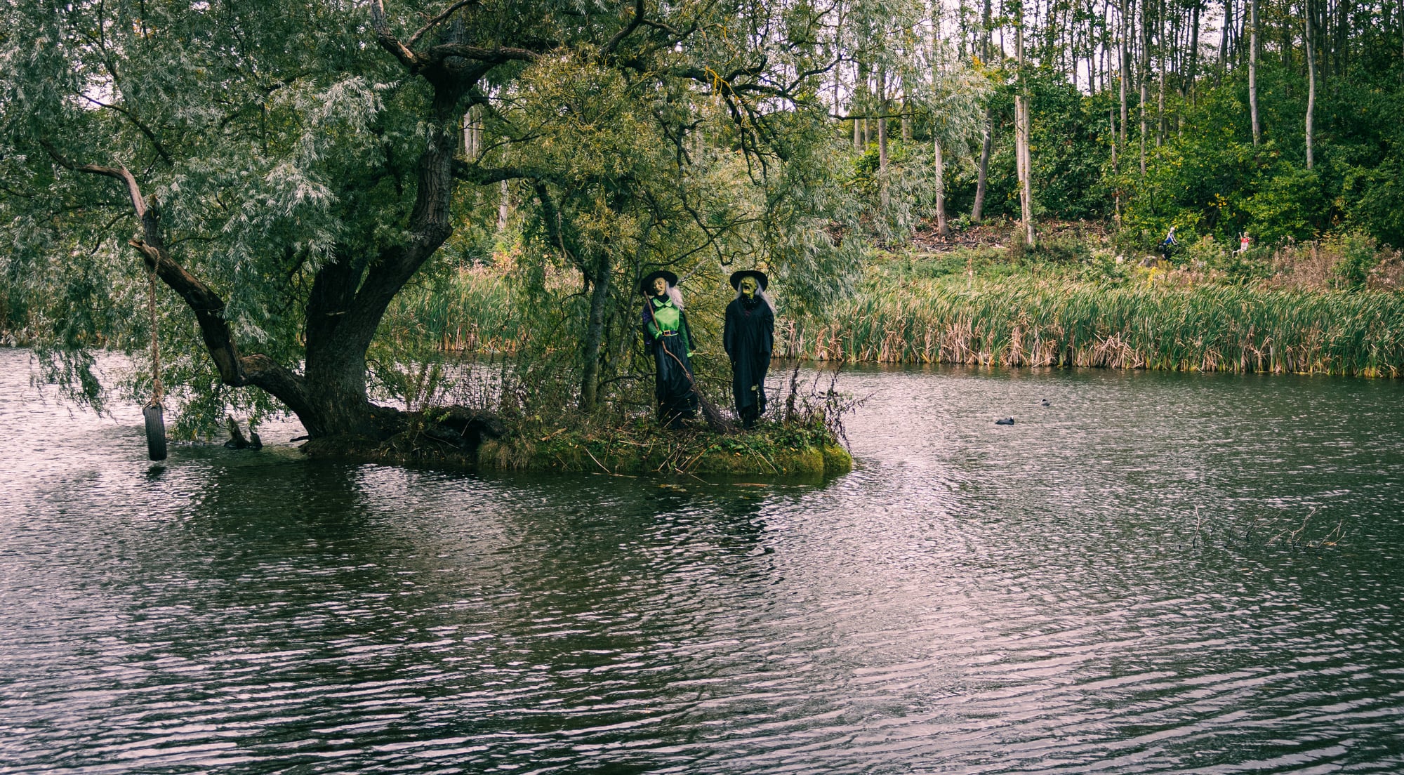 Witch figures beside Balgone Lakes on the Haunted Trail