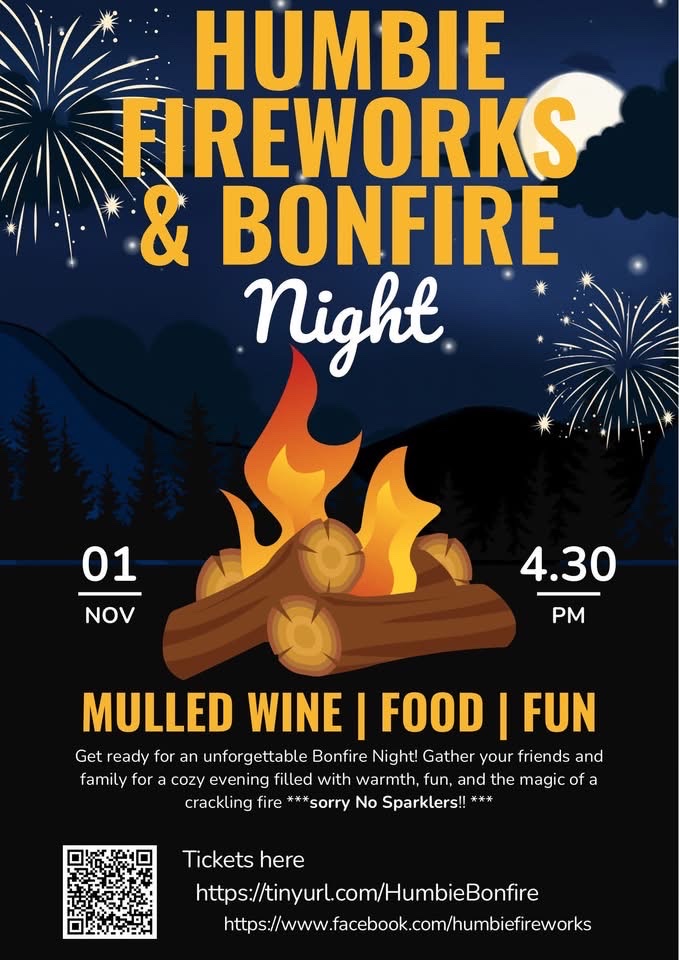 Promotional poster for Humbie Fireworks and Bonfire Night on 1 November