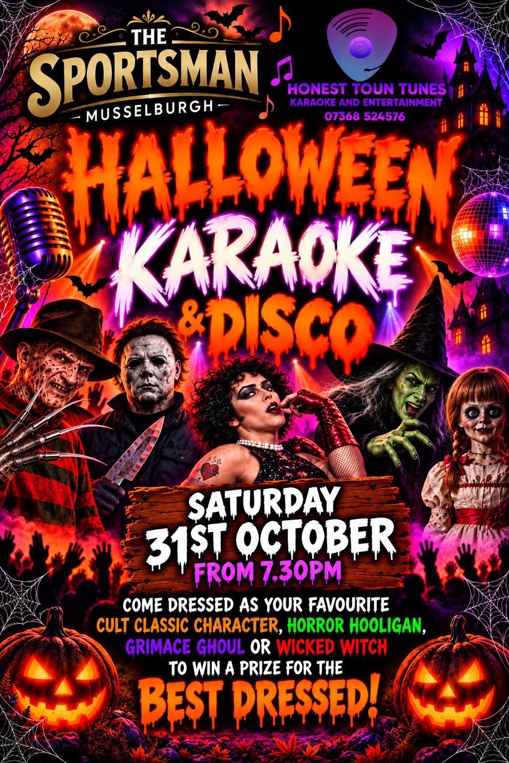 Halloween Karaoke and Disco poster for The Sportsman in Musselburgh on Saturday 31 October from 7:30pm, with Honest Toun Tunes and a prize for best dressed