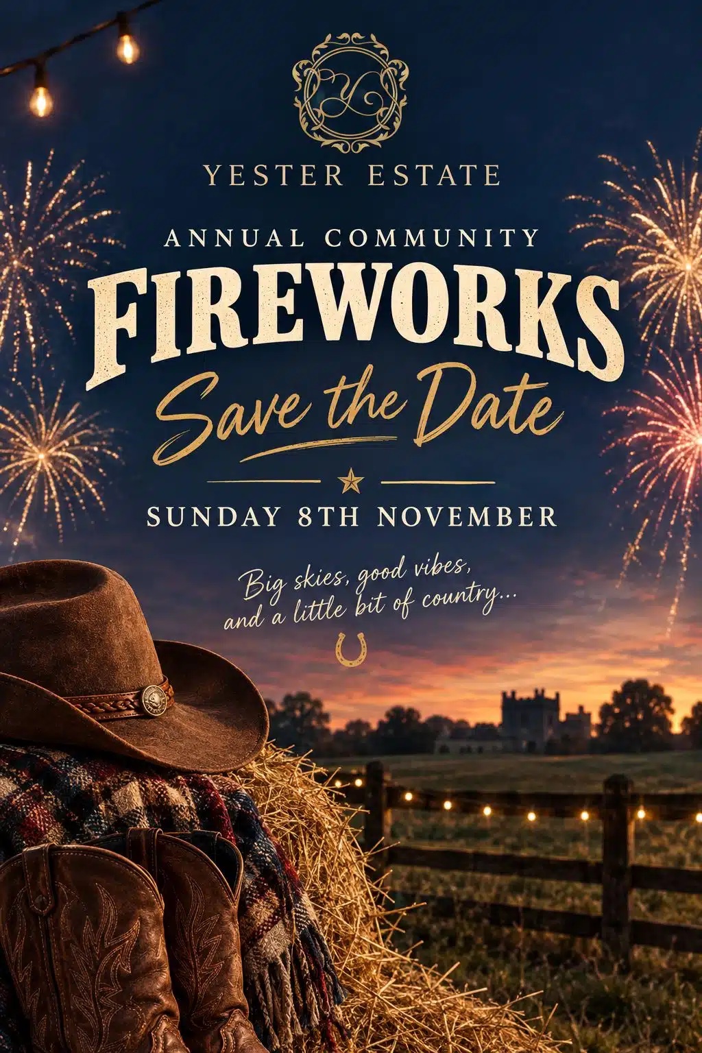 Promotional poster for Yester Estate Annual Community Fireworks on Sunday 8 November